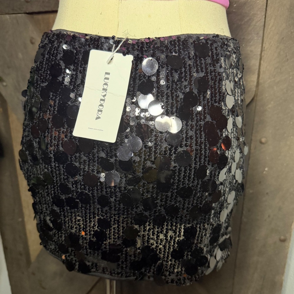 LUCKYDORA Sequin Mini Skirt Large Black Party Night Out - Picture 3 of 3